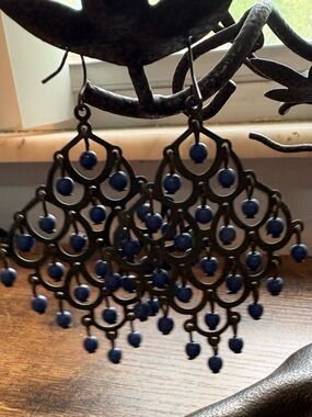 Lightweight blue beaded brass looking chandelier style earrings